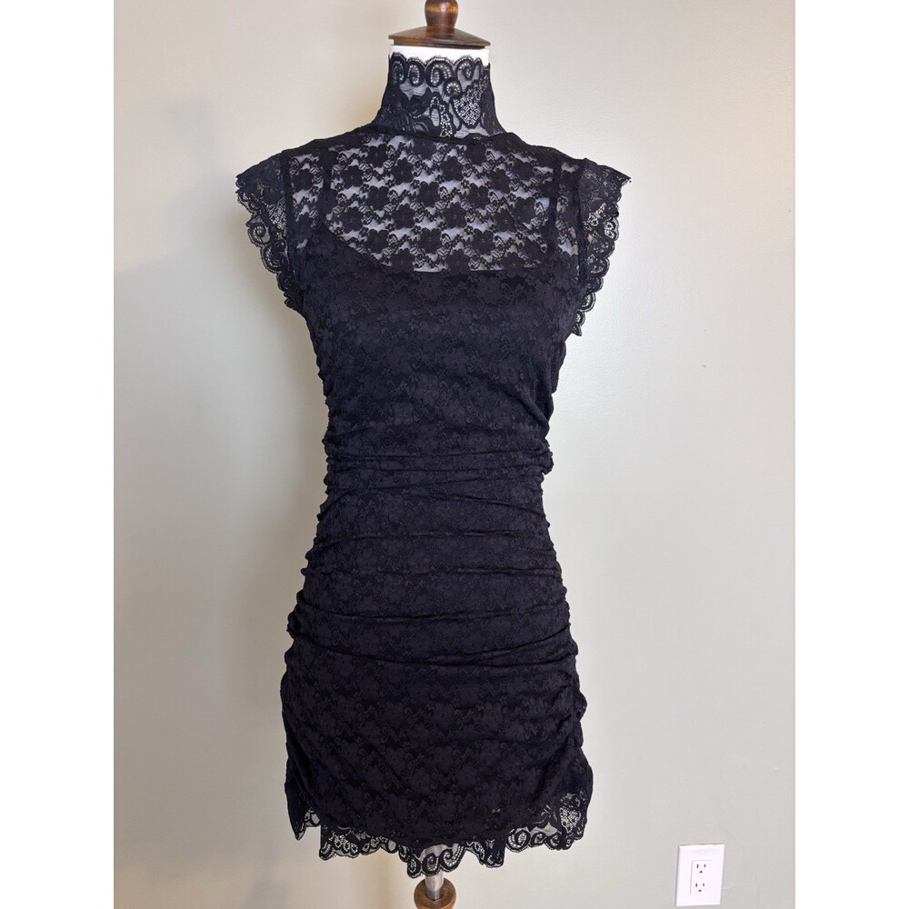 Forever 21 Y2K Black Lace Bodycon Mini Dress High Neck Goth Dark Fairy Witchy M